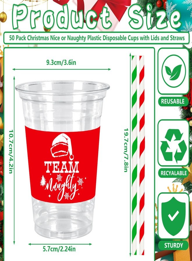 JarThenaAMCS 50Pcs 12Oz Christmas Plastic Cups with Lids & Straws Team Nice or Naughty Disposable Clear Drinking Cups for Winter Xmas Party Supplies - Image 2